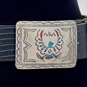 Vintage Navajo Style Silver Buckle Turquoise Coral on Leather USA Made Belt 32”